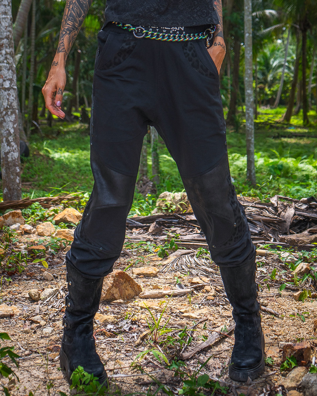 Pants Men Tracksuit / Cotton Fleece Fake Leather Patches - BLAK LEOPARD Yacxilan